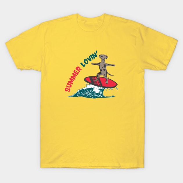 Summer Lovin' with Catahoula Leopard Dog Surfing on Sea Wave T-Shirt by Seasonal Dogs